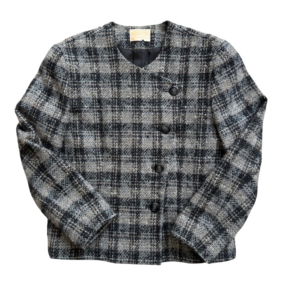 VTG Pendleton Wool Blazer Womens Gray Black Plaid Jacket Classic Heritage Office